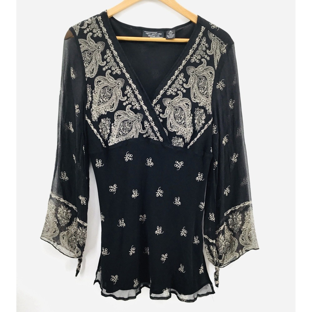 VTG New York City Design Co Silk Babydoll Top Black Boho XL Whimsigoth Y2K HH01 - Picture 2 of 16